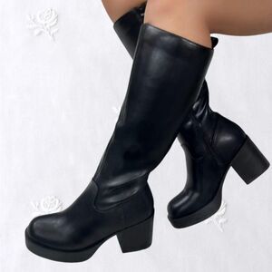 NWT Windsor Chunky Platform Black Faux Leather Wide Calf Knee High Boots US 5.5